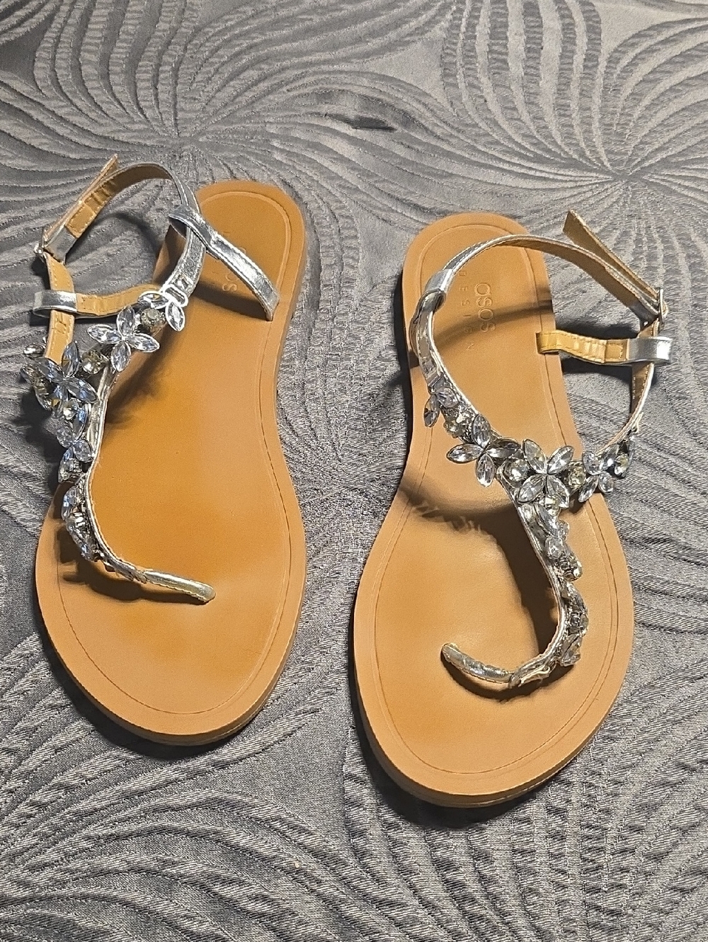 ASOS Silver Jeweled T-Strap Sandals with Tan Footbed